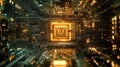 Close-up view of a glowing microprocessor in a circuit board