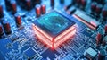 Close-up view of a glowing microprocessor on a circuit board