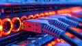 Network Cables Connected to Switch Ports with Fiber Optic Technology in Data Center Royalty Free Stock Photo