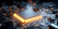 Close-up view of a glowing orange circuit board with a central processor chip Royalty Free Stock Photo