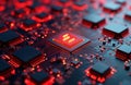 Close-up view of glowing tech circuit board. Red light highlights intricate components. Data transfer system shown. Modern tech
