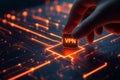 A close-up view of a glowing VPN chip on a dark circuit board