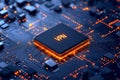 A close-up view of a glowing VPN chip on a dark circuit board