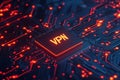 A close-up view of a glowing VPN chip on a dark circuit board