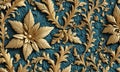 close-up view gold leaf pattern on blue background, featuring intricate designs and central flower-like Royalty Free Stock Photo