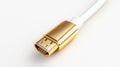 close up view of gold plated USB cable connector on white background showcasing its sleek design and modern technology This Royalty Free Stock Photo