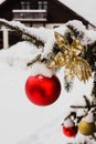 Close-up view of golden and red balls and golden flower as decoration hanging on the branches of a Christmas tree and Royalty Free Stock Photo