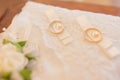 Close-up view of golden wedding rings on decorative white lace pillow. Royalty Free Stock Photo