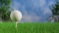 Close up view Golf ball on tee on green grass 3D Rendering Royalty Free Stock Photo