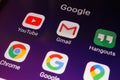 Close-up view of Google apps on an Android smartphone, including Gmail, YouTube, Hangouts, Chrome Royalty Free Stock Photo