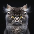 Close up view of Gray tabby cute Maine Coon kitten with yellow eyes Royalty Free Stock Photo