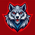 A close-up view of a gray wolfs head with striking red eyes staring intensely, wolves mascot esport logo character design