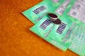 Close up view of green lottery scratch cards. Many used fake instant lottery tickets with gambling results. Gambling addiction Royalty Free Stock Photo