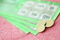 Close up view of green lottery scratch cards. Many used fake instant lottery tickets with gambling results. Gambling addiction Royalty Free Stock Photo