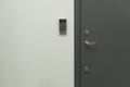 Close up view of grey metal door with digital code lock to the left. Royalty Free Stock Photo