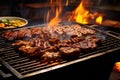 A close-up view of a grill with mouthwatering food sizzling and grilling to perfection, The sizzle and steam of a Korean BBQ grill
