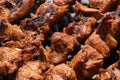 Close-up view grilled tasty pork shish kebab cooking on skewers charcoal grill Royalty Free Stock Photo