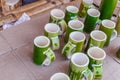 Close up view of group of bamboo cups for sale at a shop at Borra Caves, Araku Valley, Visakhapatnam, Andhra Pradesh,March 04 2017