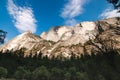 Close up view of Half Dome mountain from the Mirror Lake trail. It is a well-known rock formation in the Yosemite National Park, Royalty Free Stock Photo