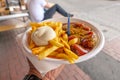 Currywurst  with curry ketchup sauce, Mayonnaise and Fried potatoes Royalty Free Stock Photo