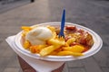 Currywurst  with curry ketchup sauce, Mayonnaise and Fried potatoes Royalty Free Stock Photo