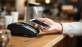 Mobile phone, touch a credit card reader on the counter bar. Royalty Free Stock Photo