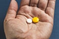 close-up view of a hand holding two pills Royalty Free Stock Photo