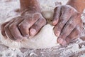 Close up view of hand kneading flour dough with copy space