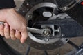 Close up view, Hand of Motorcycle mechanic with brake system check