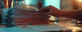 Close-up view of a hand organizing a stack of medical forms in a well-lit office environment during evening hours Royalty Free Stock Photo