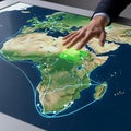 Business professional s hand interacting with a glowing digital map of africa showing global connectivity and data flow Royalty Free Stock Photo