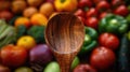 Close-up view of a handheld wooden kitchen utensil, emphasizing the grain of sustainably sourced wood, with fresh
