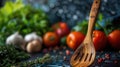 Close-up view of a handheld wooden kitchen utensil, emphasizing the grain of sustainably sourced wood, with fresh