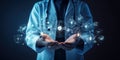 Close-up view. Hands of a doctor touching a technology screen