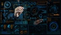 Hands Interacting with Futuristic Digital Dashboard Displaying Data Analytics and Visualizations in a Dark Interface Royalty Free Stock Photo