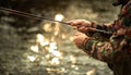 Close-up view of the hands of a fly fisherman working the line and the fishing rod Royalty Free Stock Photo