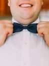 Close-up view of the hands of the groom correcting the wedding bow-tie.