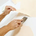 Close-up view on hands with a scraper in the process of removing wallpaper. Royalty Free Stock Photo