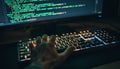 Close-up view of hands typing on backlit mechanical keyboard with code displayed on monitor. Perfect for technology, programming, Royalty Free Stock Photo