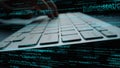 Close-Up View of Hands Typing on a Computer Keyboard with Code and Data Elements Overlaying the Scene in a Digital Work Royalty Free Stock Photo