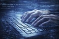 Close-up view of hands typing on a computer keyboard with a semi-transparent code overlay, representing software development, Royalty Free Stock Photo