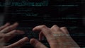 Focused Hands Typing on Keyboard with Overlay of Code Snippets and Programming Syntax in Dark Environment xenic Royalty Free Stock Photo