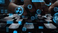 Hands Typing on Keyboard Surrounded by Futuristic Digital Elements and Data Visualization Graphics in Blue Color Scheme Royalty Free Stock Photo