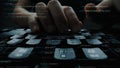 Close-Up View of Hands Typing on a Keyboard with Code Overlay Illustrating Programming and Software Development Concepts Royalty Free Stock Photo