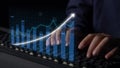 Close-up View of Hands Typing on Keyboard with Digital Finance Graphs and Data Representations Showing Growth and Royalty Free Stock Photo