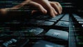 Close-up View of Hands Typing on a Keyboard Surrounded by Programming Code and Text, Highlighting Software Development Royalty Free Stock Photo