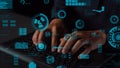 Close-up View of Hands Typing on Laptop Keyboard with Digital Data Analysis and Graphics Overlay Illustrating Technology Royalty Free Stock Photo