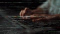 Person Typing on Laptop with Programming Code on Screen, Focus on Hands and Code Elements, Dark Background and Digital Royalty Free Stock Photo
