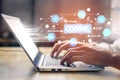 Hands Typing on Laptop with Digital Coding Icons and Data Structure Graphics, Representing Software Development and Royalty Free Stock Photo