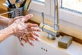 A woman is washing her hands with soap at the kitchen sink. Royalty Free Stock Photo